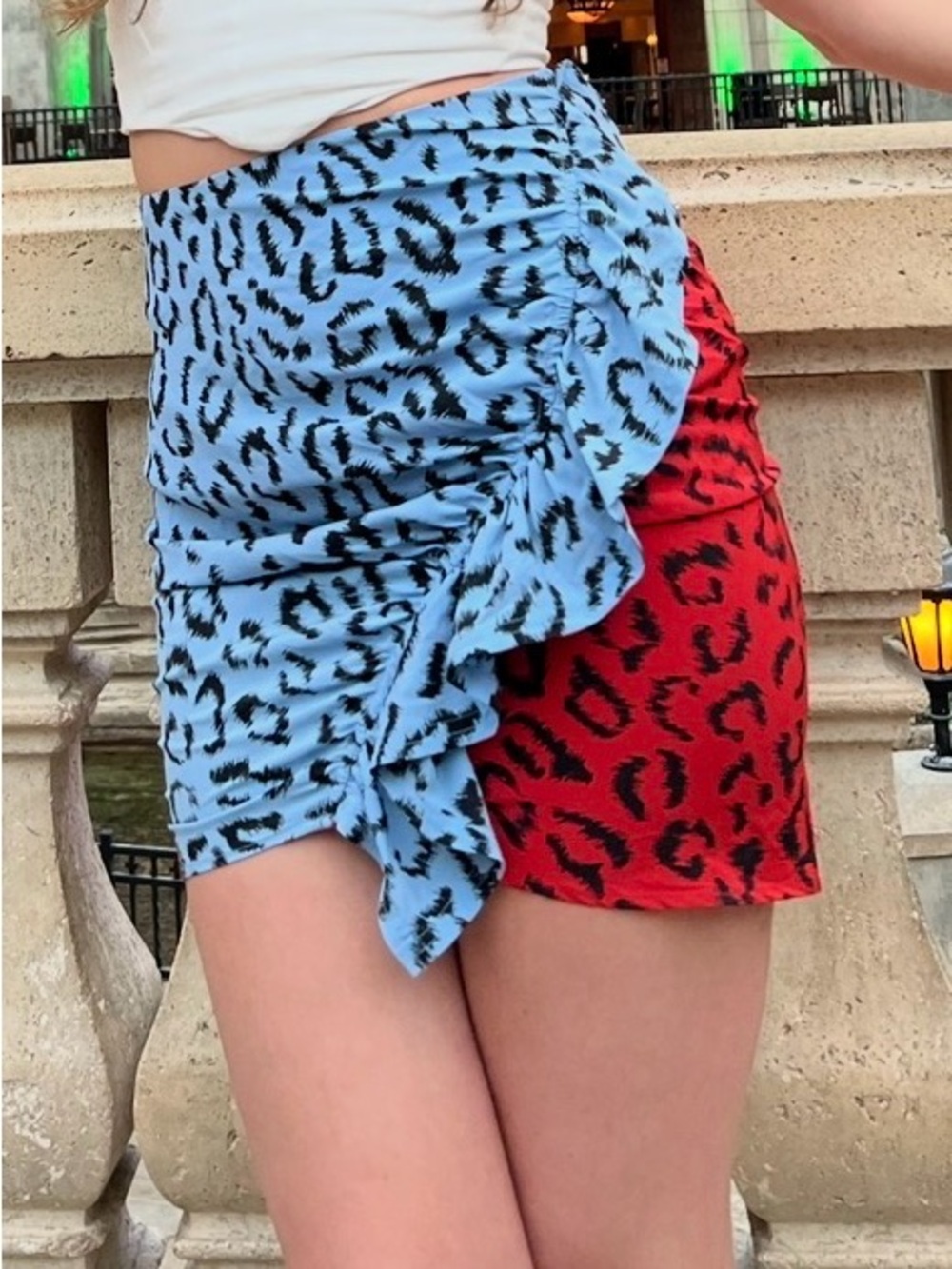 A.L.C. Blue and Red Leopard Print Ruffled Mini Skirt